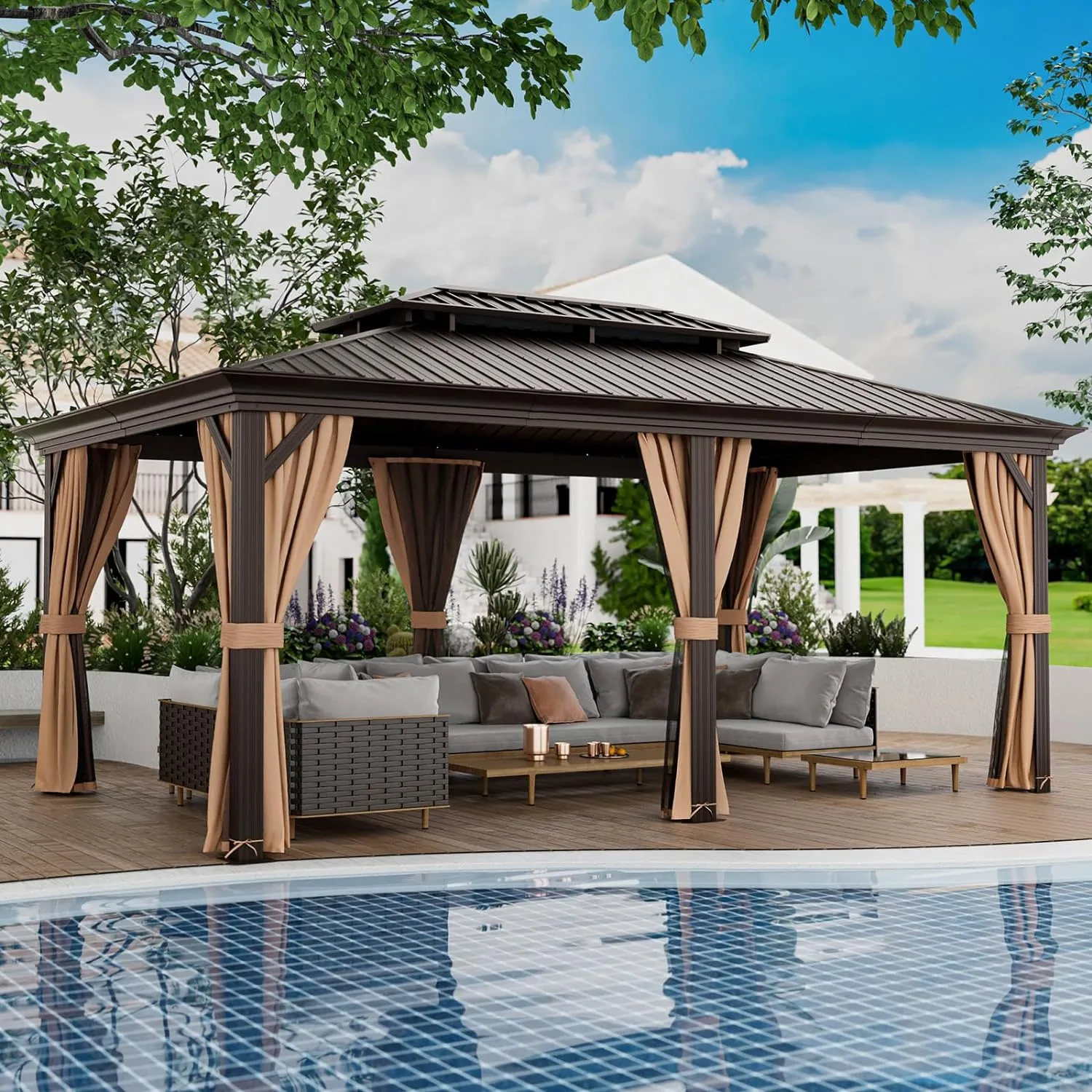 Tangkula 12x16 Ft Hardtop Gazebo, Double-Roof Patio Gazebo with Galvanized Steel Roof, Permanent Pavilion Gazebo