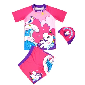 Unicorn Moon Print Swimsuit and Swim Cap for Kids- 2Pcs (UPF 50 &A) - Pink