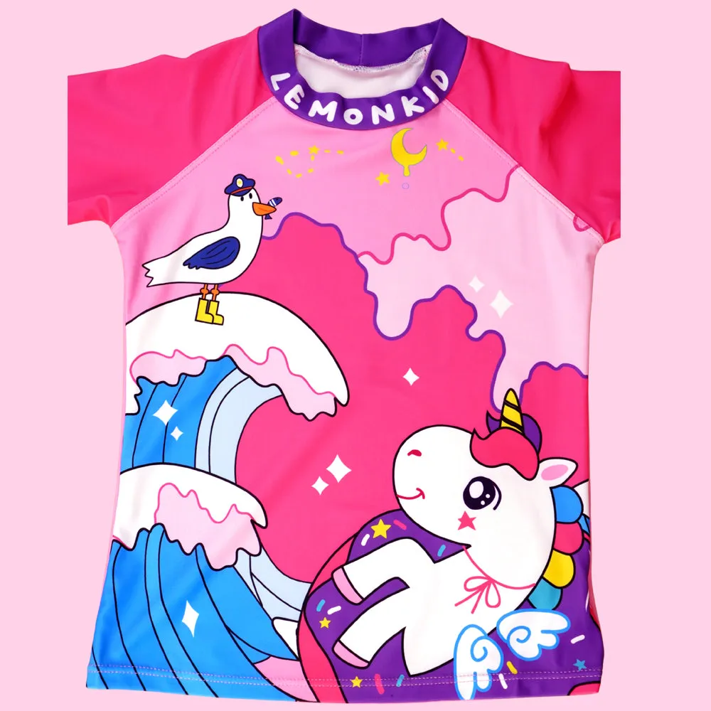 Unicorn Moon Print Swimsuit and Swim Cap for Kids- 2Pcs (UPF 50 &A) - Pink