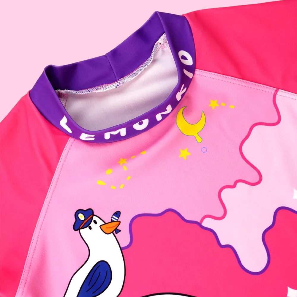 Unicorn Moon Print Swimsuit and Swim Cap for Kids- 2Pcs (UPF 50 &A) - Pink