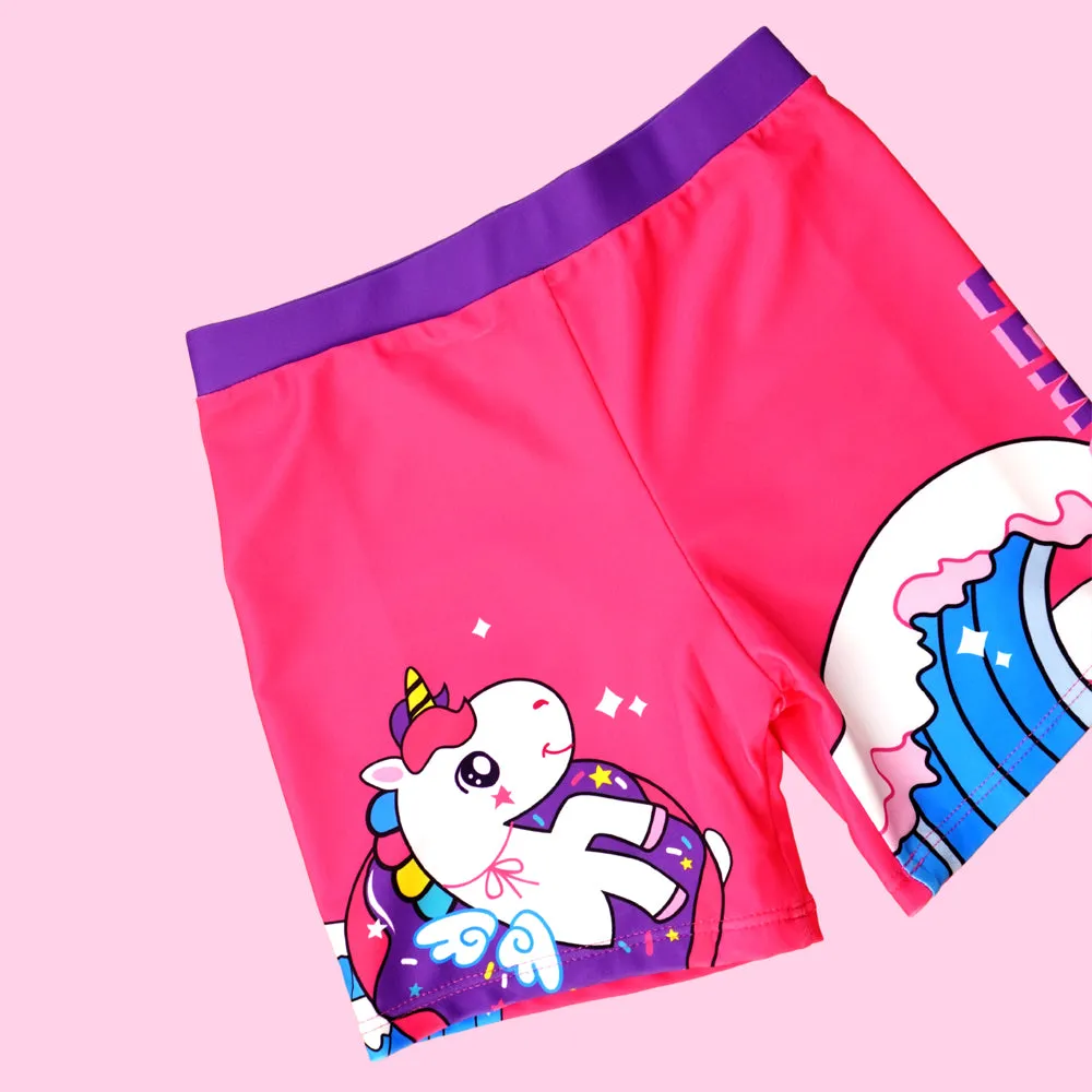 Unicorn Moon Print Swimsuit and Swim Cap for Kids- 2Pcs (UPF 50 &A) - Pink