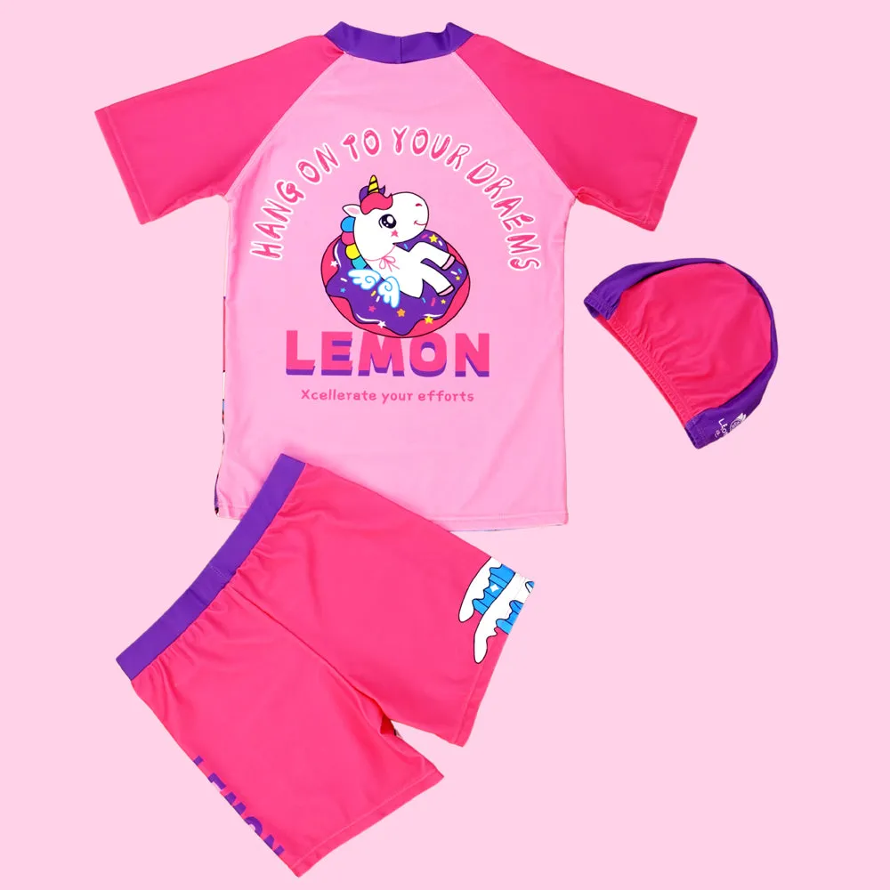 Unicorn Moon Print Swimsuit and Swim Cap for Kids- 2Pcs (UPF 50 &A) - Pink