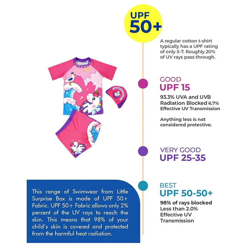 Unicorn Moon Print Swimsuit and Swim Cap for Kids- 2Pcs (UPF 50 &A) - Pink