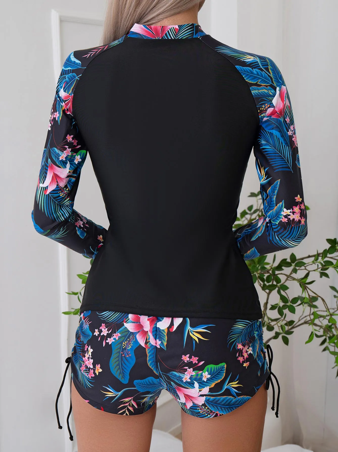 Women's Tropical Plant Print Long Sleeve Two-Piece Swimsuit UPF50  Rash Guard