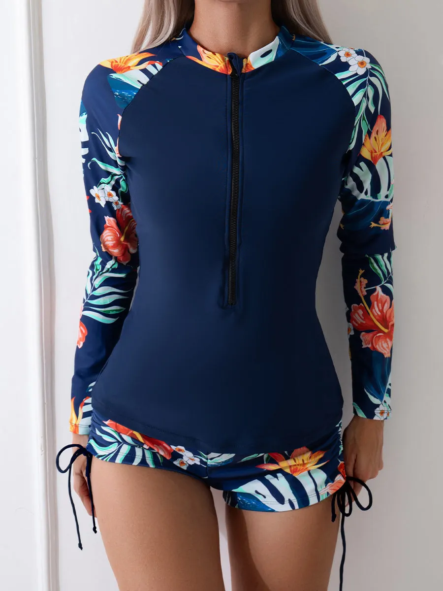 Women's Tropical Plant Print Long Sleeve Two-Piece Swimsuit UPF50  Rash Guard