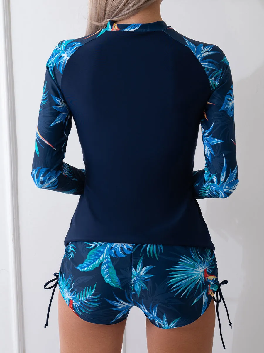 Women's Tropical Plant Print Long Sleeve Two-Piece Swimsuit UPF50  Rash Guard