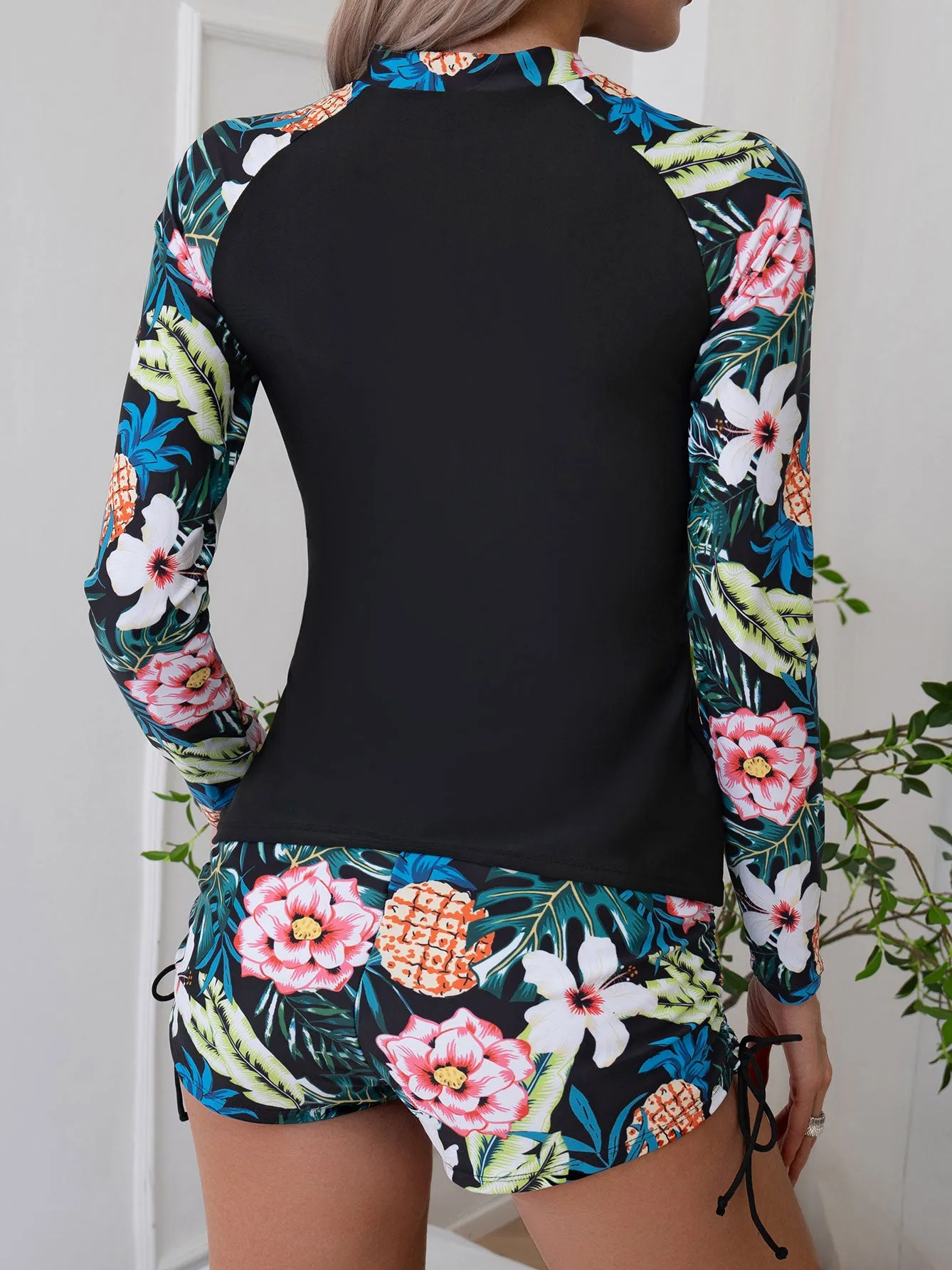 Women's Tropical Plant Print Long Sleeve Two-Piece Swimsuit UPF50  Rash Guard
