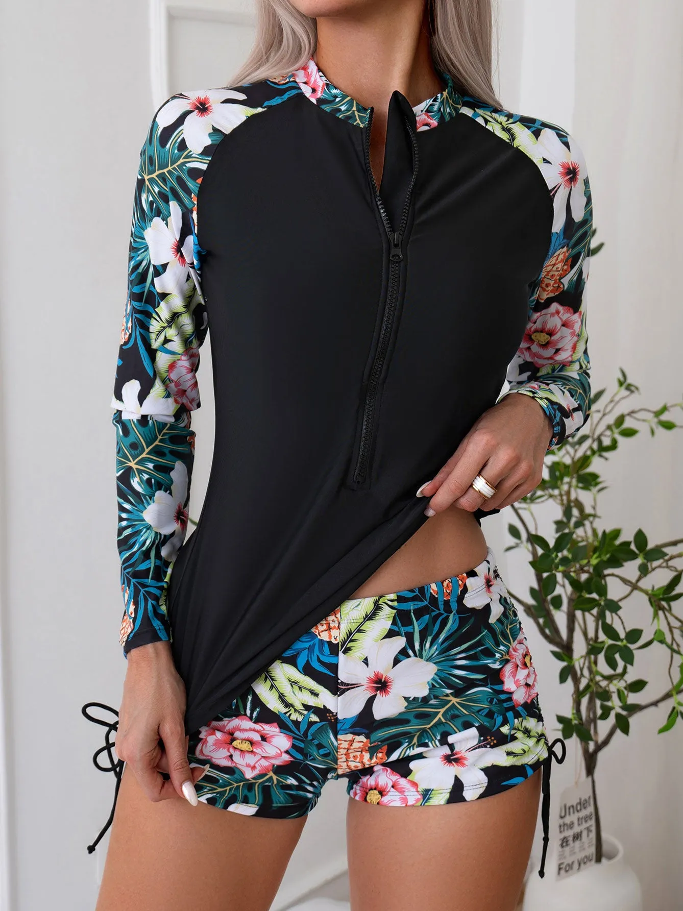 Women's Tropical Plant Print Long Sleeve Two-Piece Swimsuit UPF50  Rash Guard