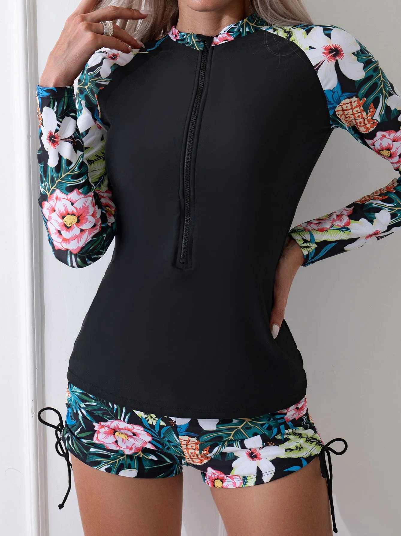 Women's Tropical Plant Print Long Sleeve Two-Piece Swimsuit UPF50  Rash Guard