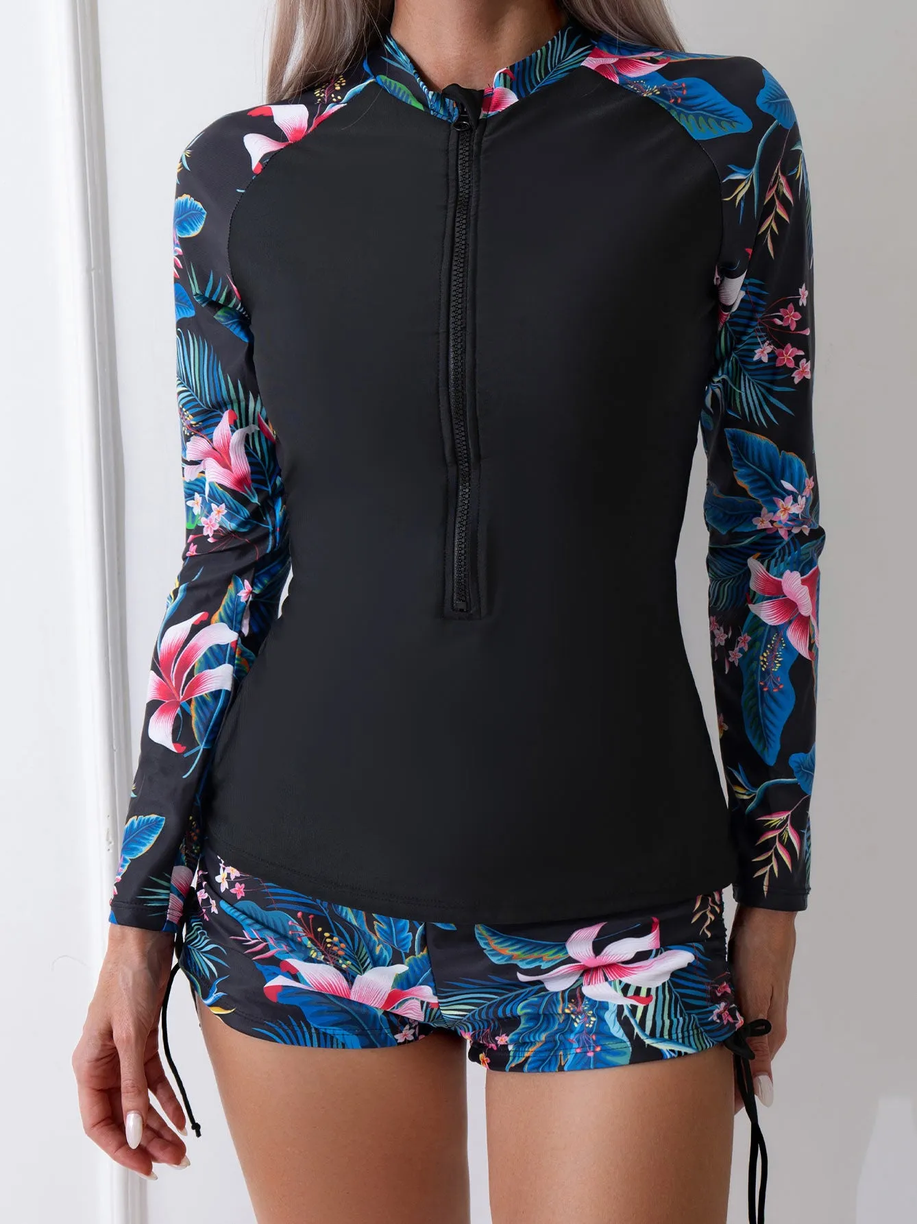 Women's Tropical Plant Print Long Sleeve Two-Piece Swimsuit UPF50  Rash Guard