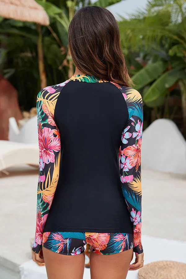 Women's Tropical Plant Print Long Sleeve Two-Piece Swimsuit UPF50  Rash Guard