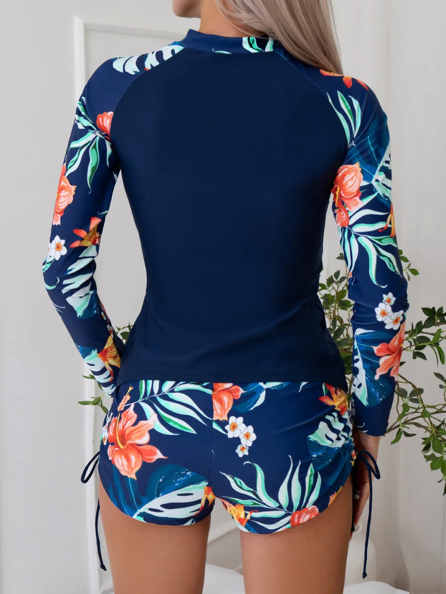 Women's Tropical Plant Print Long Sleeve Two-Piece Swimsuit UPF50  Rash Guard